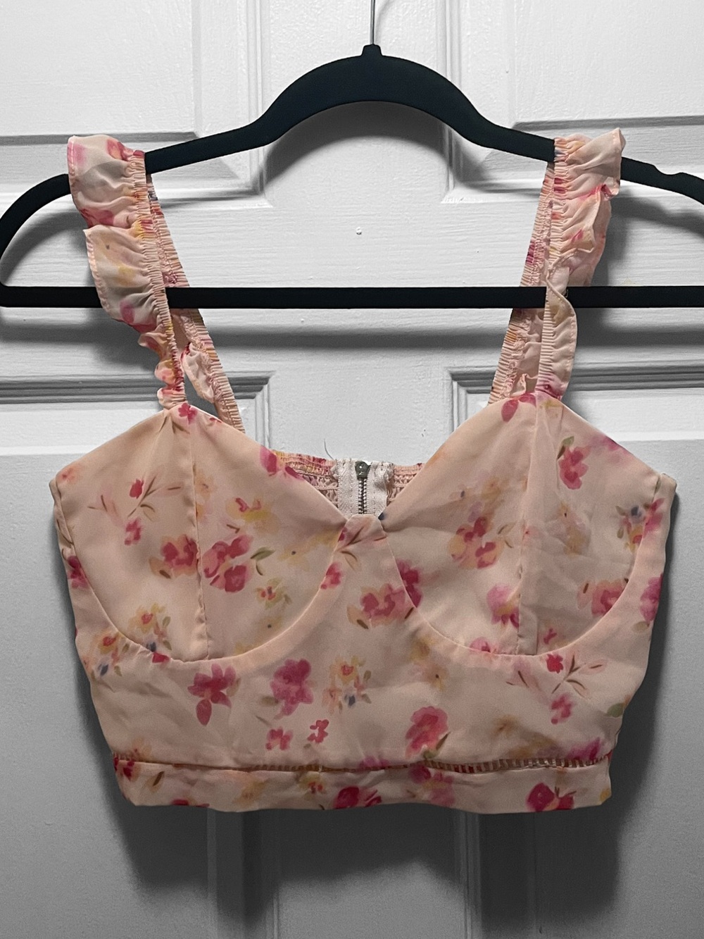 Kendall & Kylie Blush Floral Ruffle Strap Crop Top